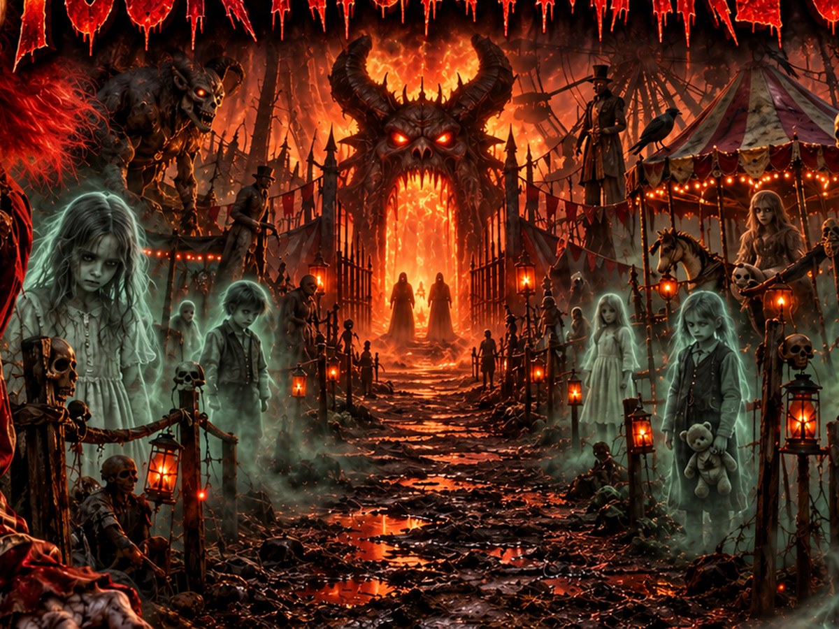 Detail of the artwork: the burning horned gate at the end of the trail, framed by the carnival tent and dead trees.