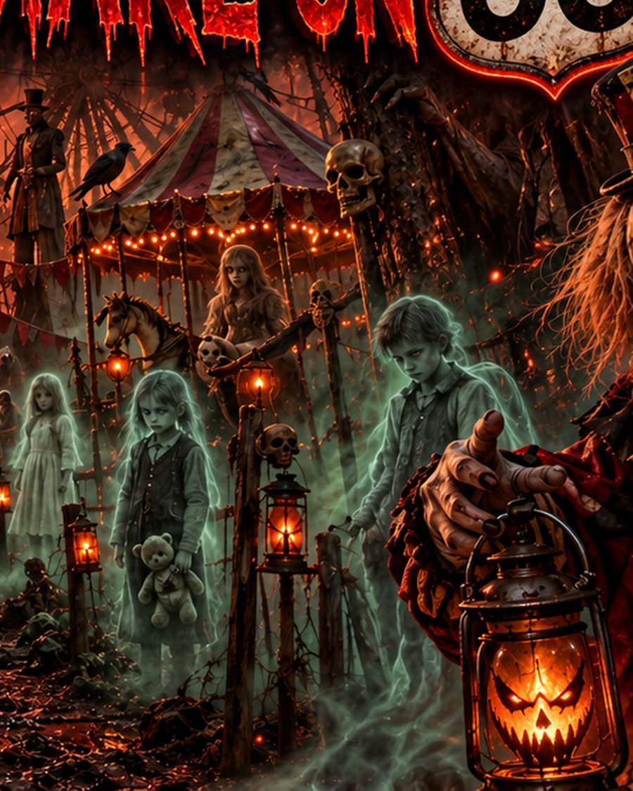 Nightmare on 66 — painted clowns flanking a lantern-lit trail that leads to a burning gate.